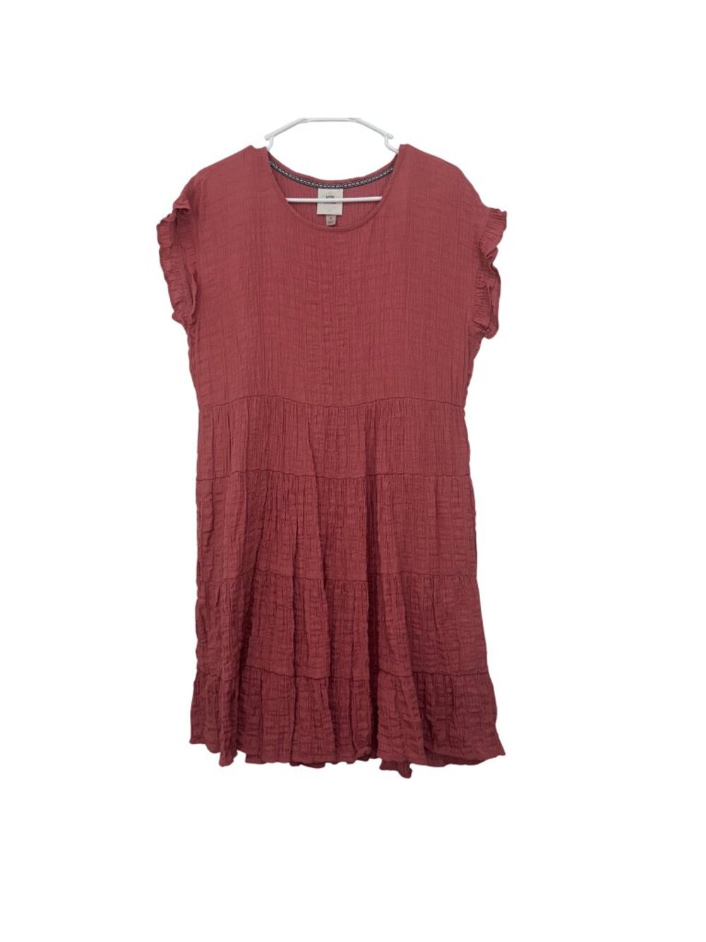 Knox Rose Women SZ M Ruffle Short Sleeve Tiered Mini Dress Rust Pink Rayon Blend